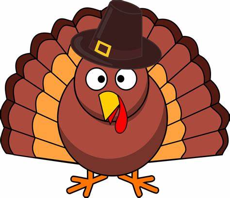 A cartoony turkey in a pilgrim style hat