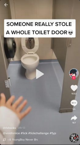 screenshot of tiktok of bathroom stall without door