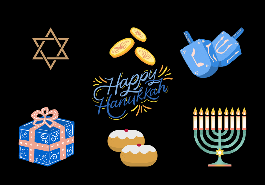 picture saying happy Hanukkah with a menorah and some pastries
