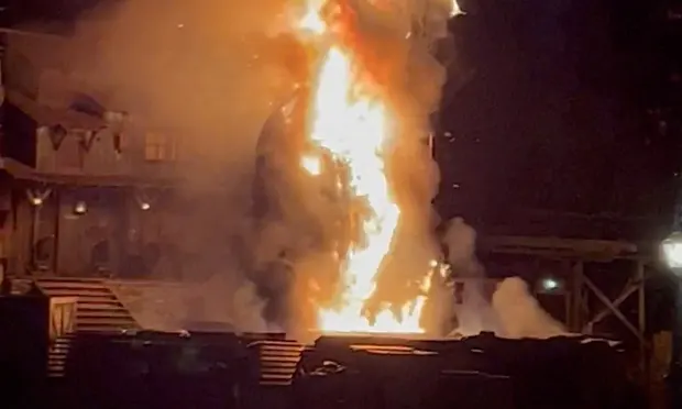 Disneylands 45-Foot Tall Fire breathing dragon animatronic on Tom Sawyer Island in Flames
