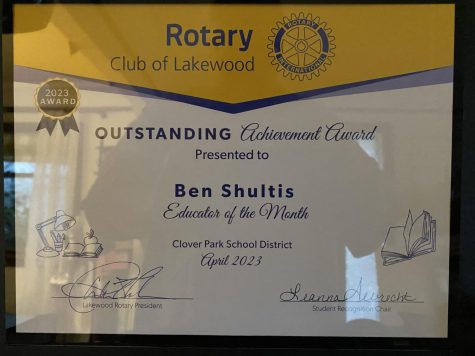 Ben Shultis's Rotary Club of Lakewood Educator of the Month Award for April