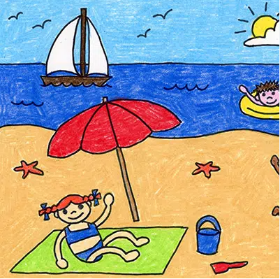 Cartoon image of girl on the beach